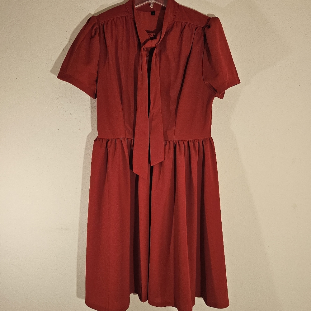 Ikadex Vintage Style Red Dress with Bow Tie Neck